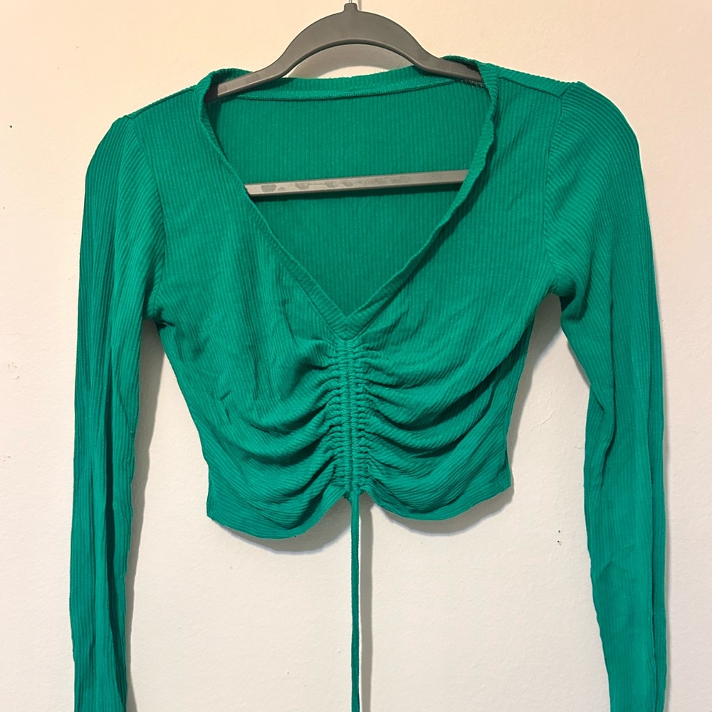ALO Yoga Teal Ribbed Long Sleeve Cropped Top with Tie - Picture 3 of 3